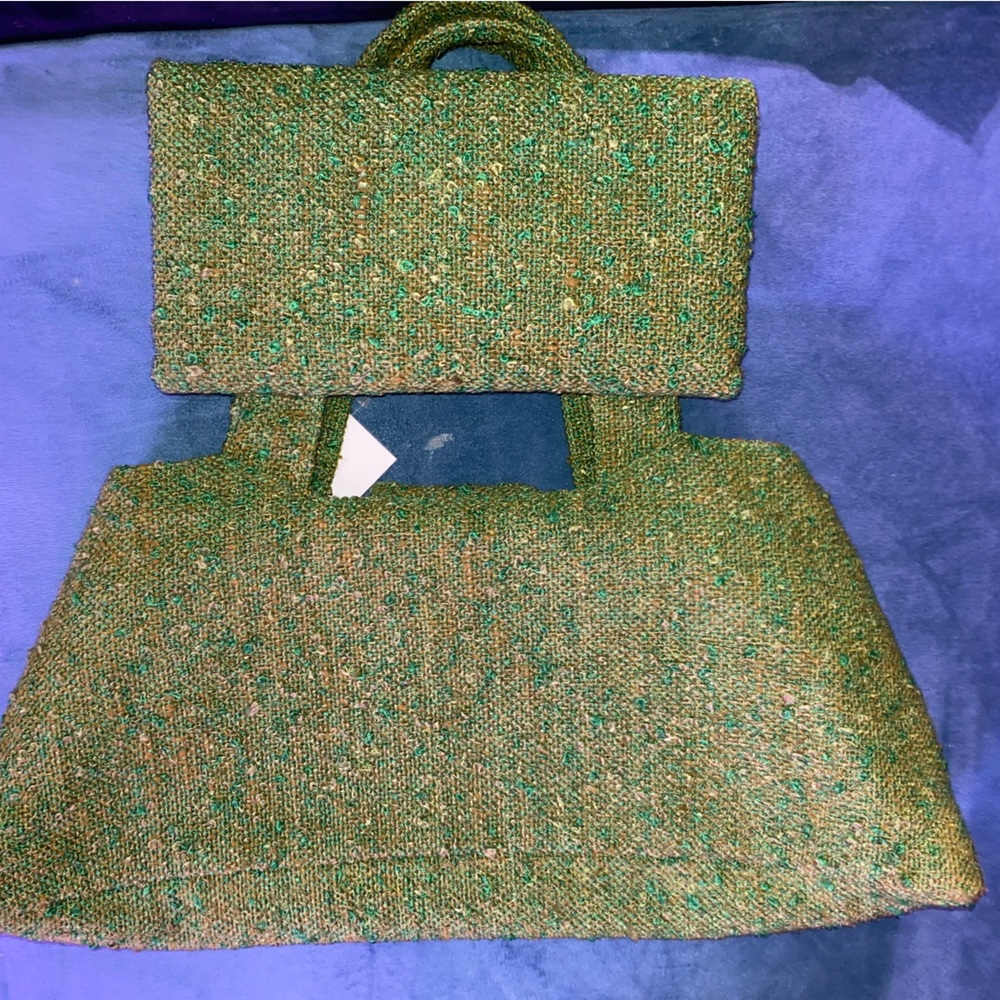Tweed Green Handbag With Matching Clutch New Old Stock Of Vintage Materials - Picture 6 of 7